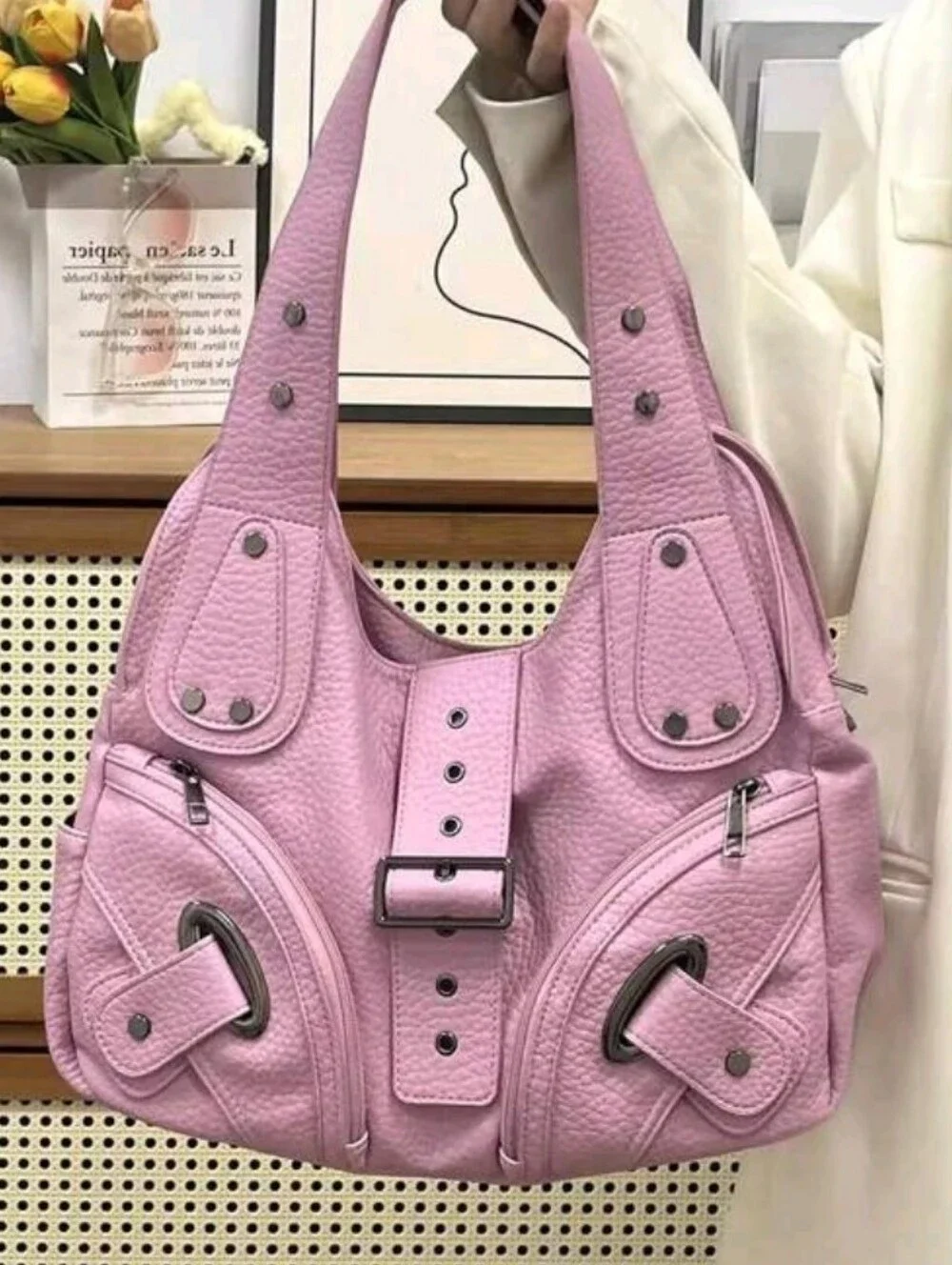 Stylish Pink Leather Shoulder Bag - Soft Pink Women's Handbag